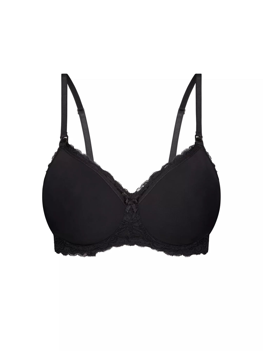 Black Triumph Mama Lace Maternity Bra with softcup, wire-free design, featuring delicate lace for comfortable support during pregnancy.