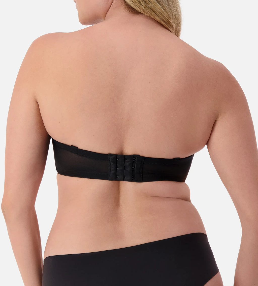 Black Triumph silhouette strapless underwire bra with smooth cups and supportive design, perfect for strapless outfits.