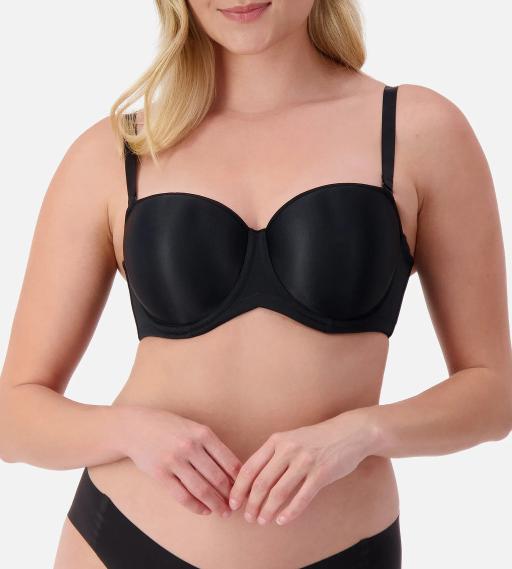 Black Triumph silhouette strapless underwire bra with smooth cups and supportive design, perfect for strapless outfits.
