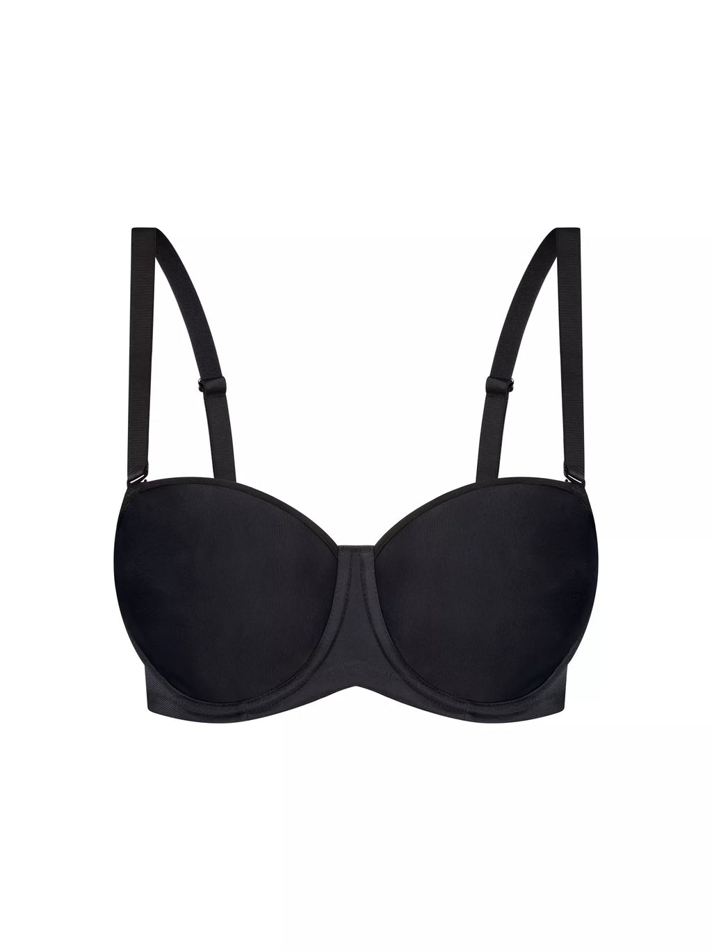 Black Triumph silhouette strapless underwire bra with smooth cups and supportive design, ideal for seamless wear.
