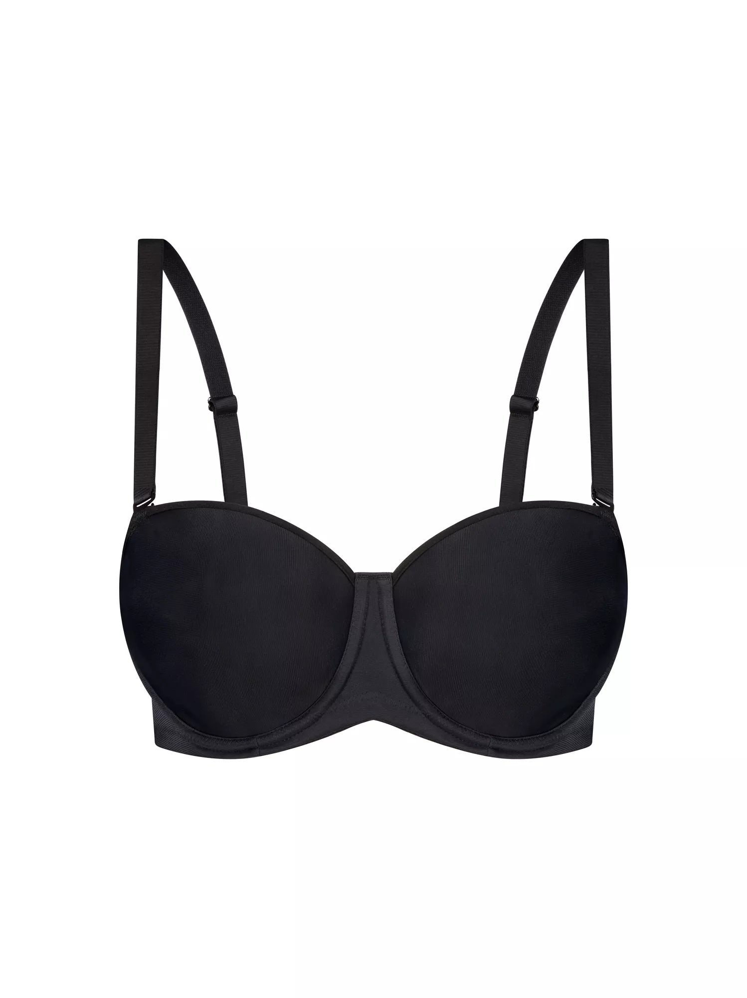 Black Triumph silhouette strapless underwire bra with smooth cups and supportive design, ideal for seamless wear.