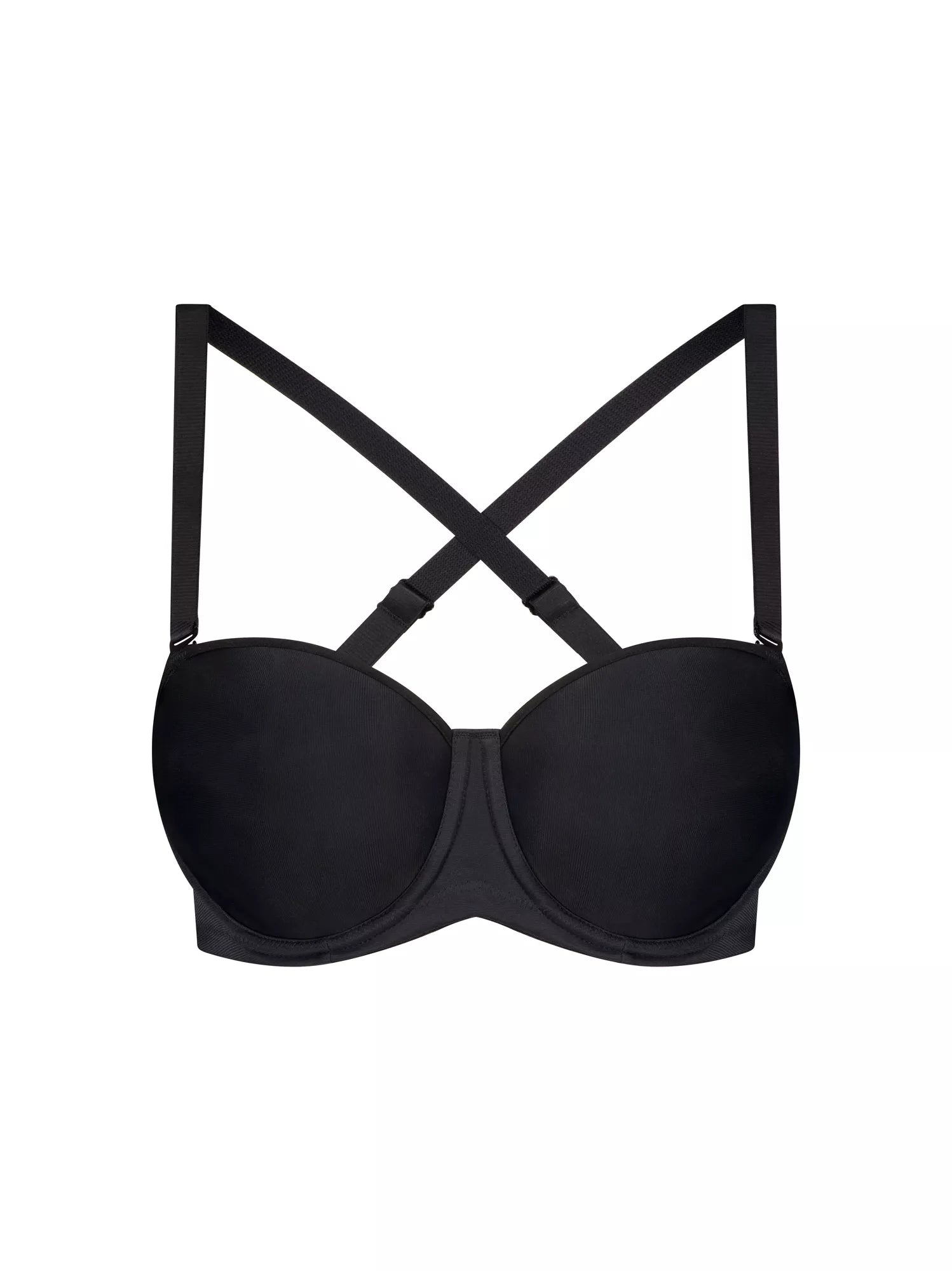 Black Triumph silhouette strapless underwire bra with smooth cups and underwire support, designed for a seamless fit.
