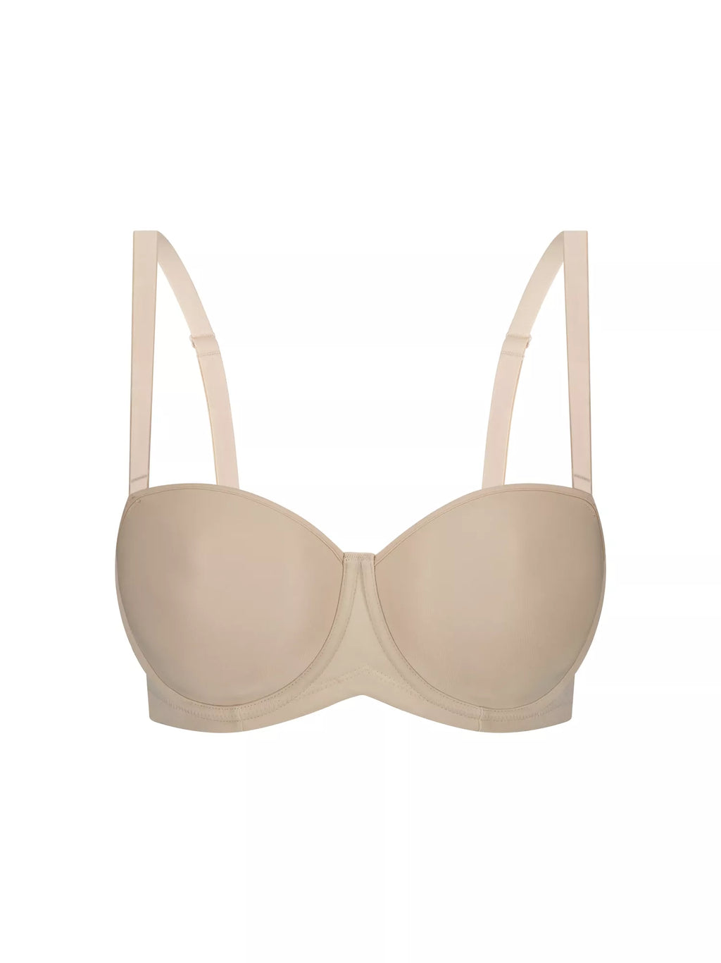 Nude Triumph silhouette strapless underwire bra with smooth cups and supportive design, perfect for strapless outfits.
