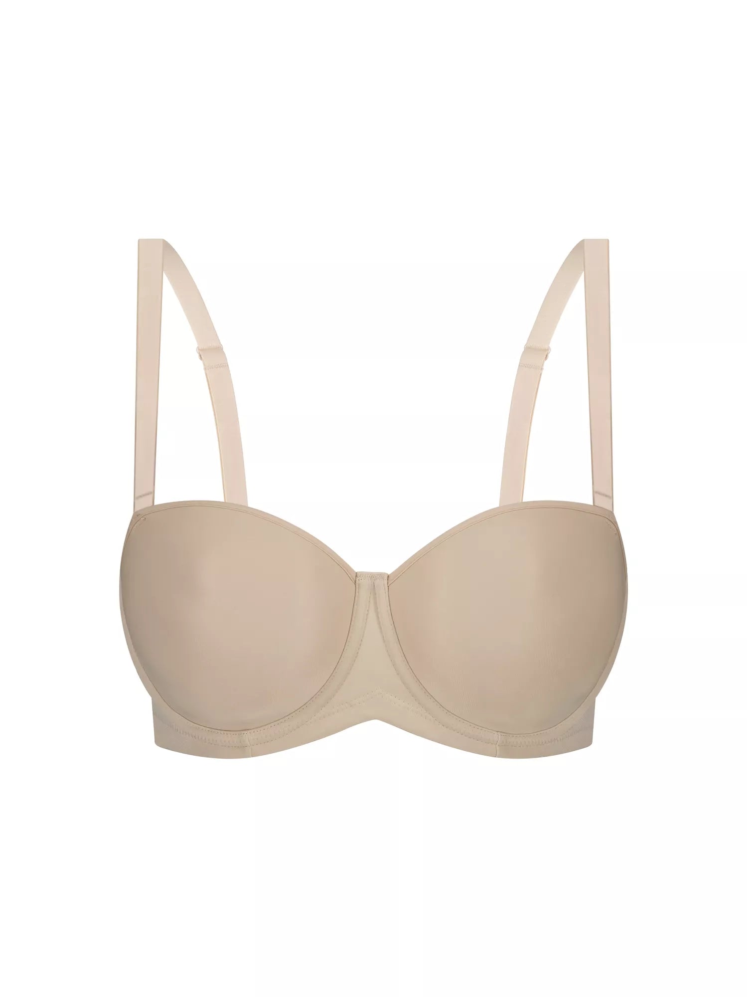 Nude Triumph silhouette strapless underwire bra with smooth cups and supportive design, perfect for strapless outfits.