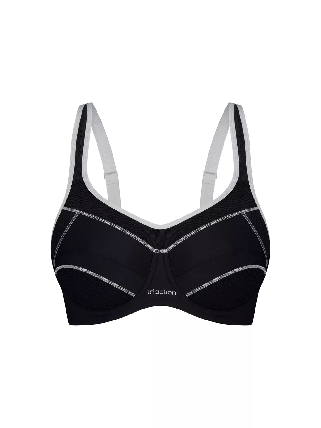 Black Triaction underwire sports bra from Triumph with supportive design and adjustable straps, ideal for active wear.
