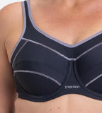 Triumph Triaction black underwire sports bra with supportive design and adjustable straps, ideal for active wear and workout comfort.