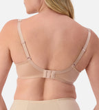 Beige Triumph Lacy Minimizer Bra with elastic lace T-shirt design, smooth fit, and comfortable support.