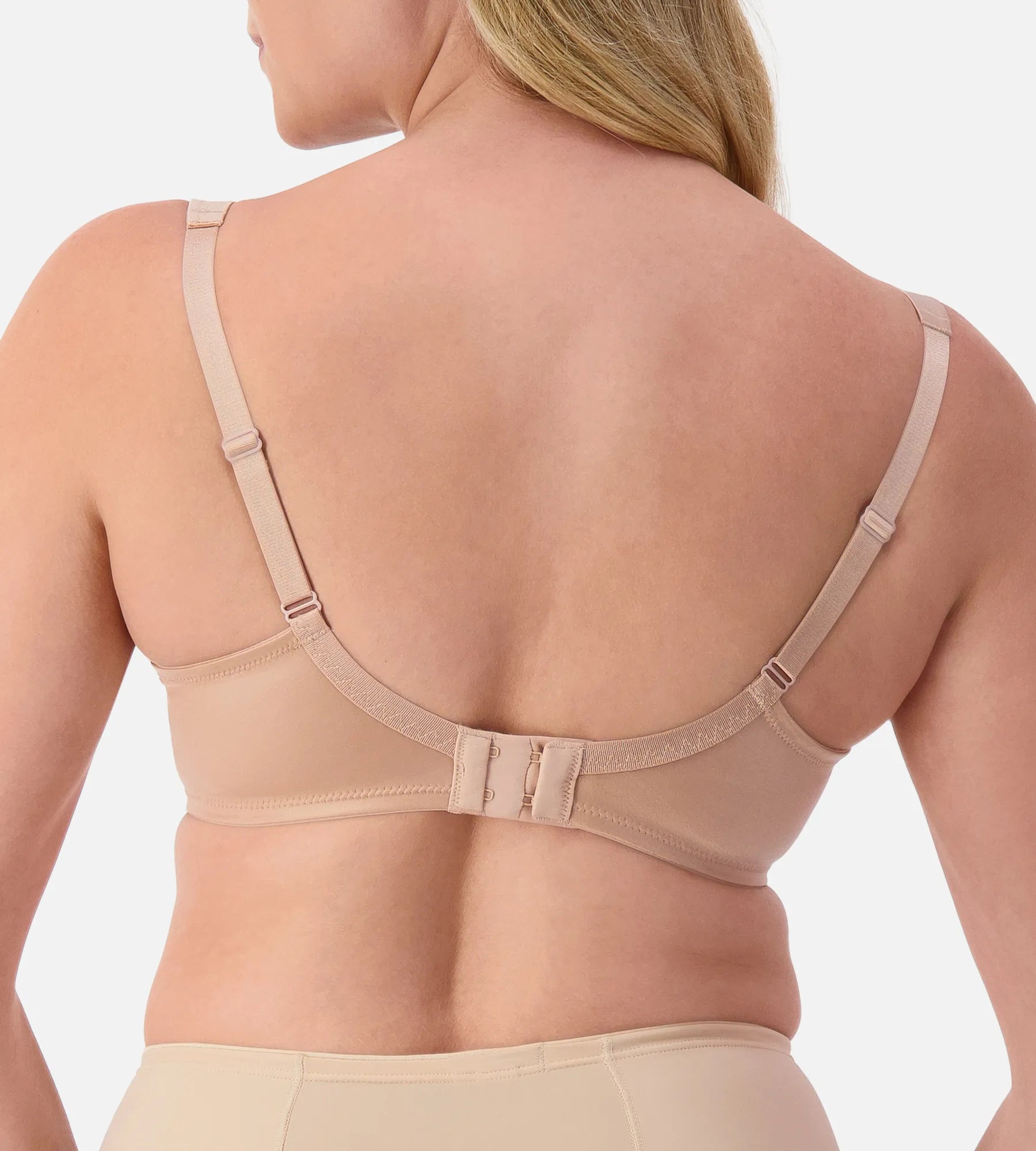 Beige Triumph Lacy Minimizer Bra with elastic lace, T-shirt style, providing a smooth fit and comfortable support.