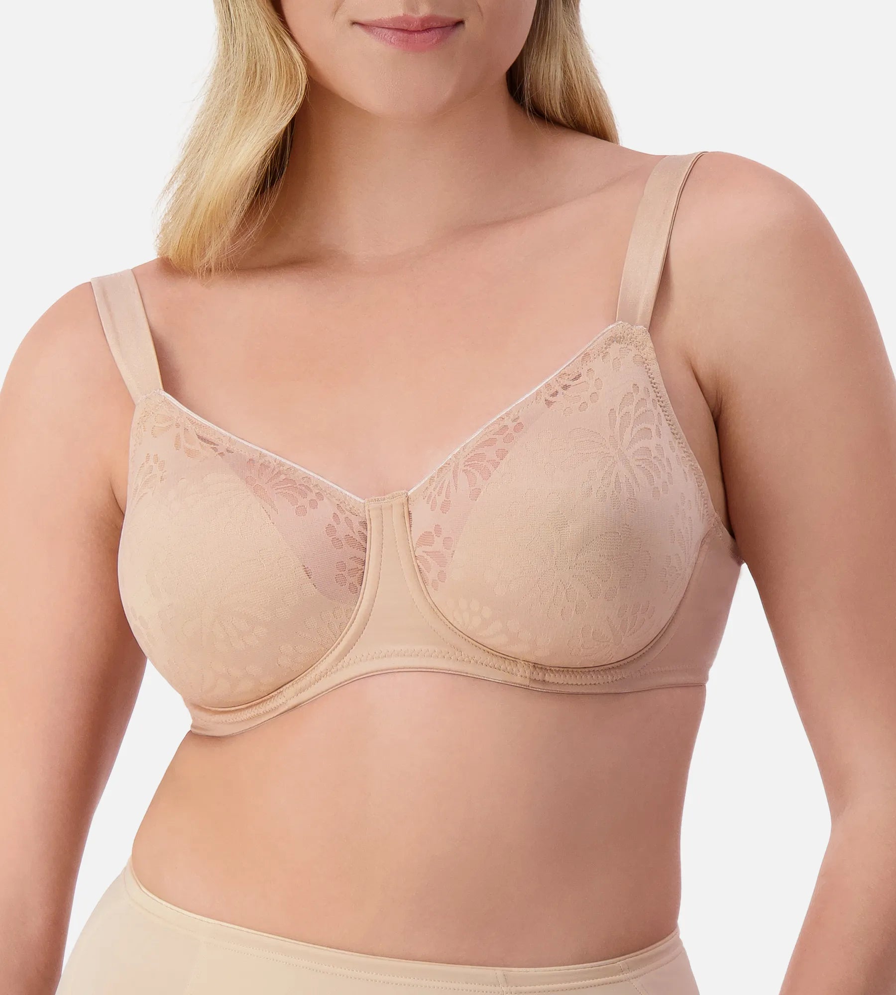 Beige Triumph Lacy Minimizer Bra with elastic lace T-shirt style, smooth fit, and supportive design, shown on a white background.