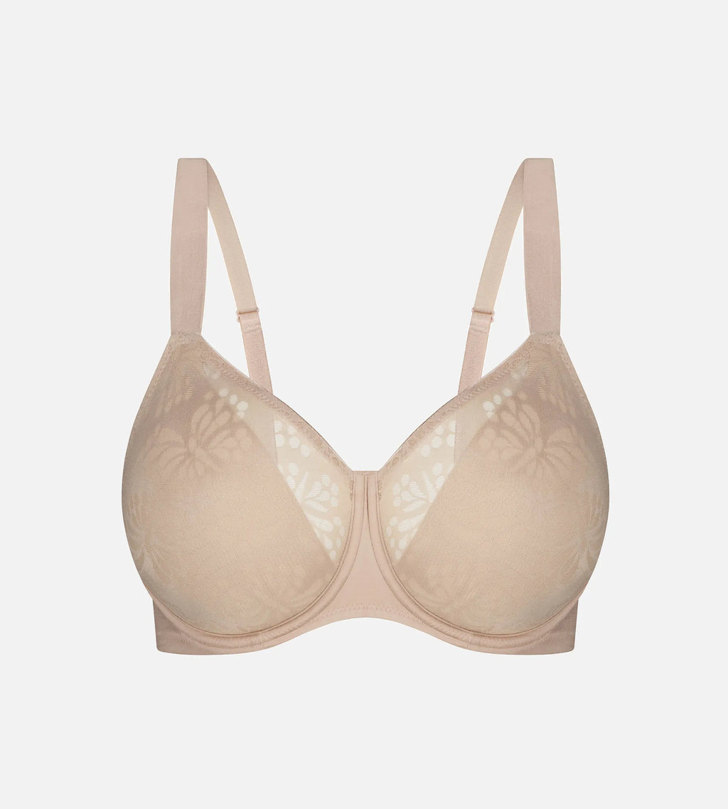 Beige Triumph Lacy Minimizer Bra featuring elastic lace and T-shirt style for a smooth, supportive fit.