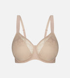 Beige Triumph Lacy Minimizer Bra featuring elastic lace and T-shirt style for a smooth, supportive fit.