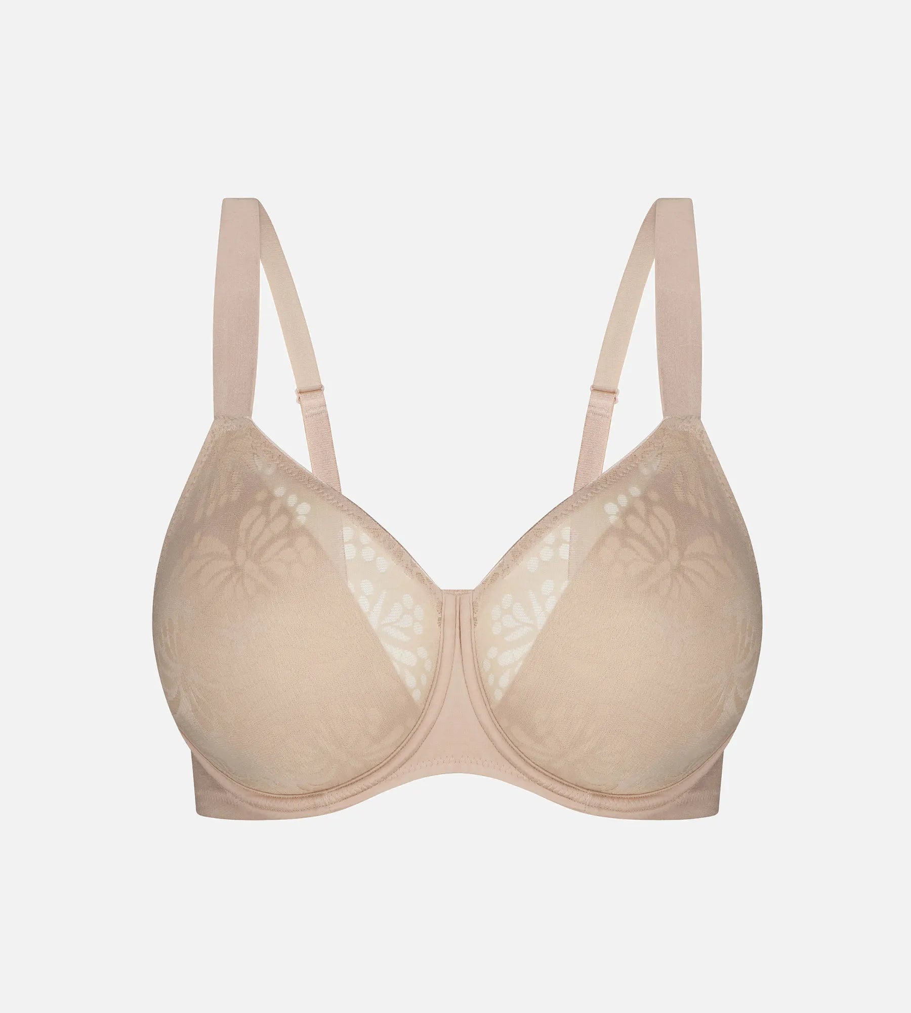 Beige Triumph lace minimizer bra with elastic t-shirt style cups, providing a smooth fit and comfortable support.