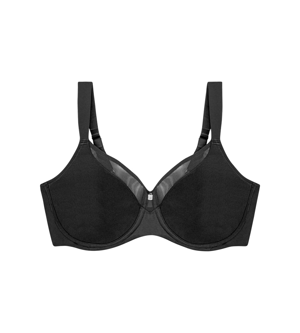 Black Triumph True Shape Sensation minimizer underwire bra with smooth cups and supportive fit, designed for comfortable shaping.