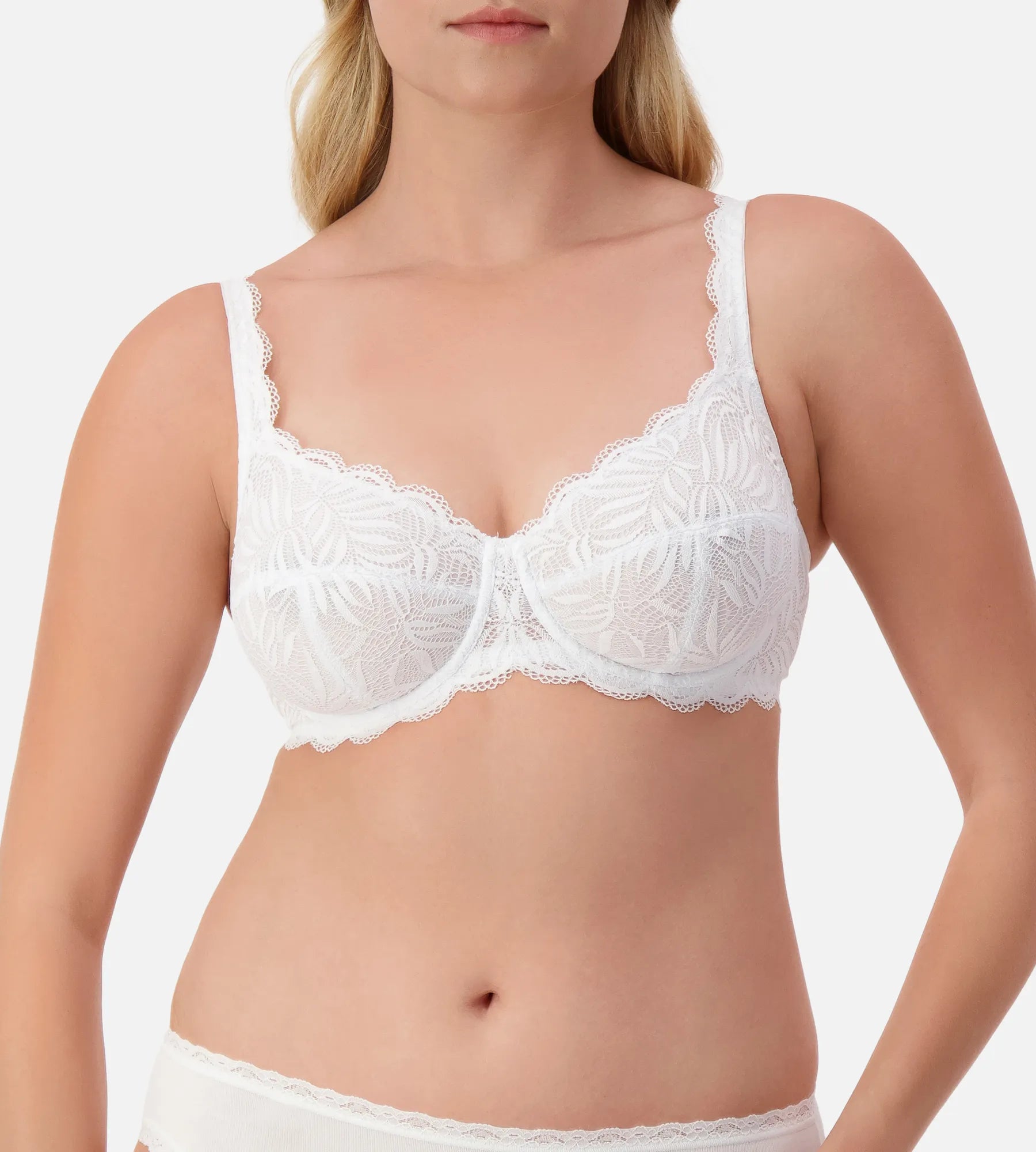 White Triumph Essential Lace Balconette Bra with underwire support, featuring delicate lace details and a flattering fit.