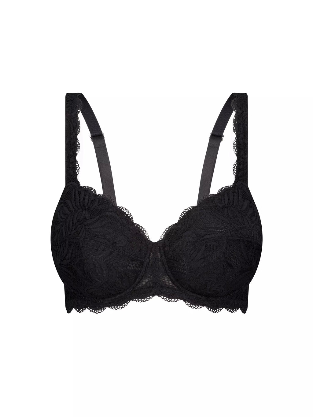 Black Triumph Essential Lace Balconette Bra with delicate lace cups and adjustable straps, showcasing a stylish and supportive lingerie design.