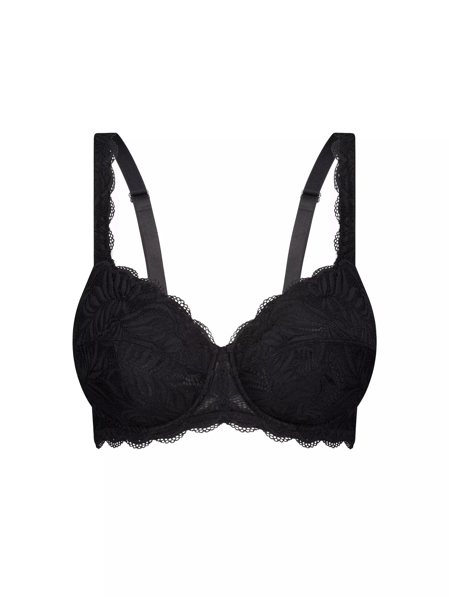 Black Triumph Essential Lace Balconette Bra with delicate lace cups and adjustable straps, showcasing a stylish and supportive lingerie design.