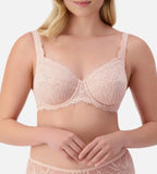 Nude pink Triumph lace balconette bra with delicate floral lace cups and adjustable straps, designed for a comfortable fit.
