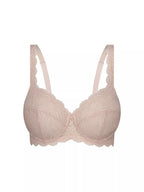 Triumph Nude Pink Essential Lace Balconette Bra with delicate lace cups and adjustable straps, showcasing a feminine lingerie design.