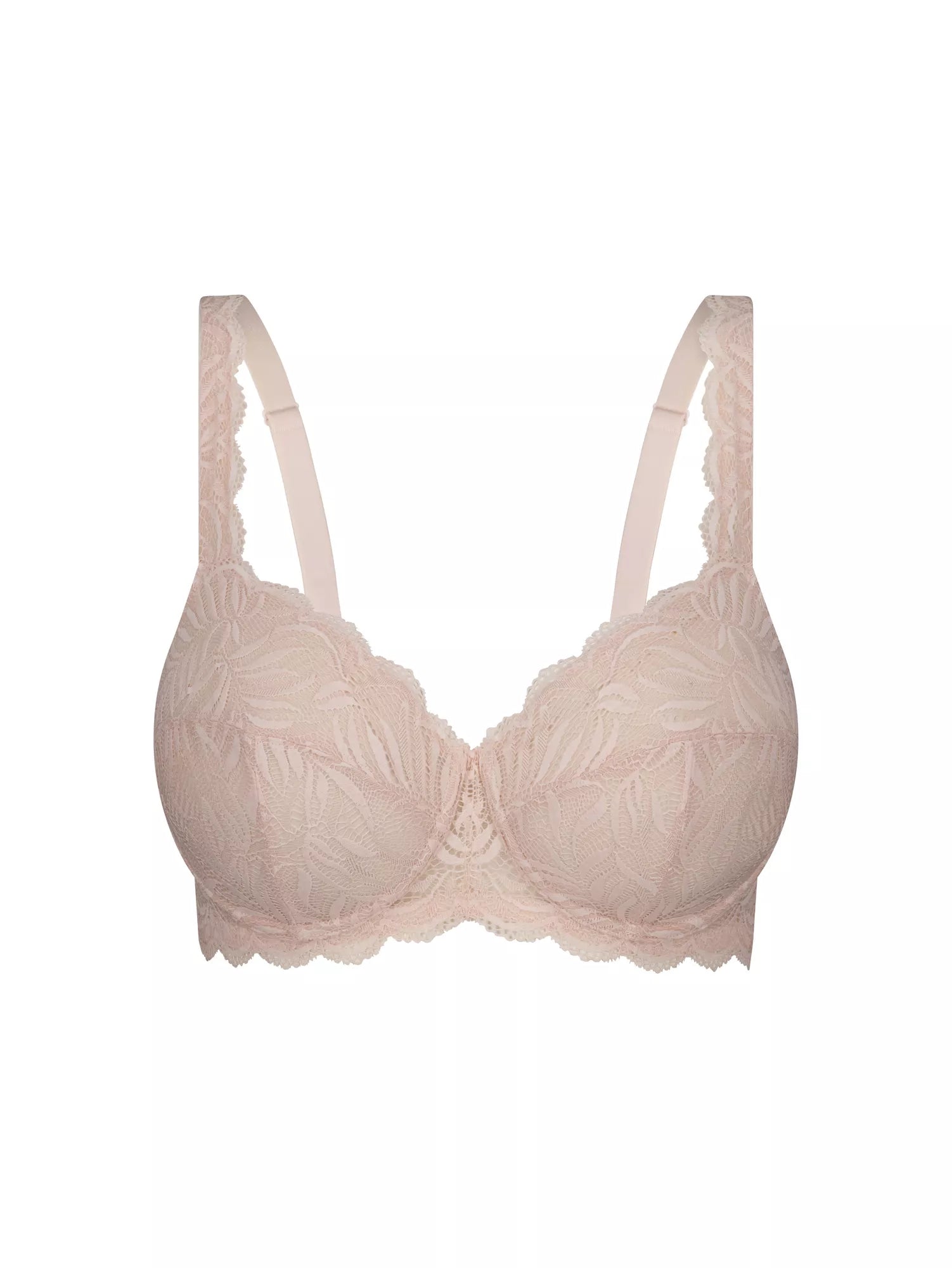 Triumph Nude Pink Essential Lace Balconette Bra with delicate lace cups and adjustable straps, showcasing a feminine lingerie design.