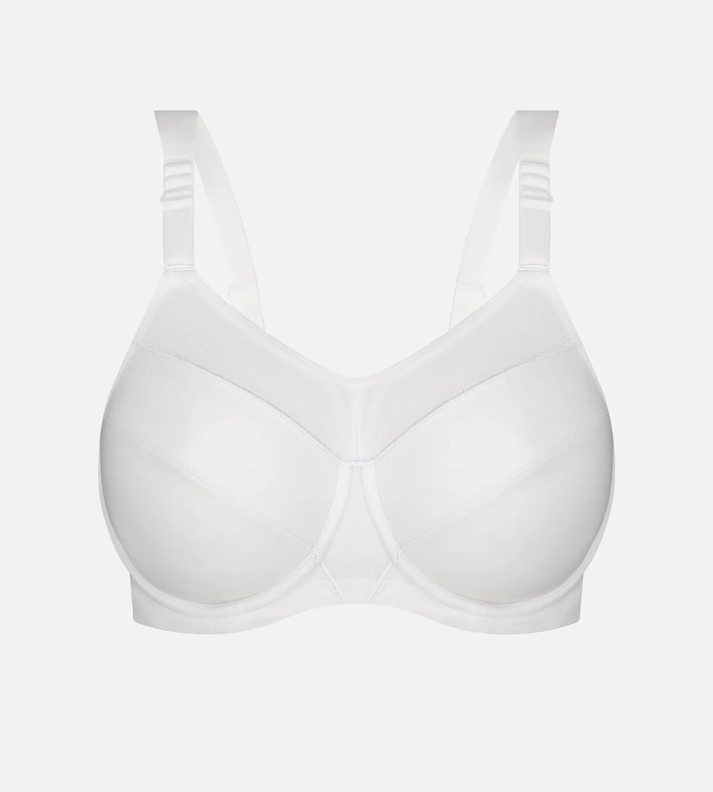 White Triaction wired sports bra by Triumph, featuring supportive design and adjustable straps for activewear.