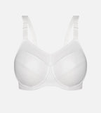 White Triaction wired sports bra by Triumph, featuring supportive design and adjustable straps for activewear.