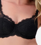 Black Triumph Essential Lace Underwire Balconette Bra with delicate lace cups and supportive underwire, designed for a flattering fit.