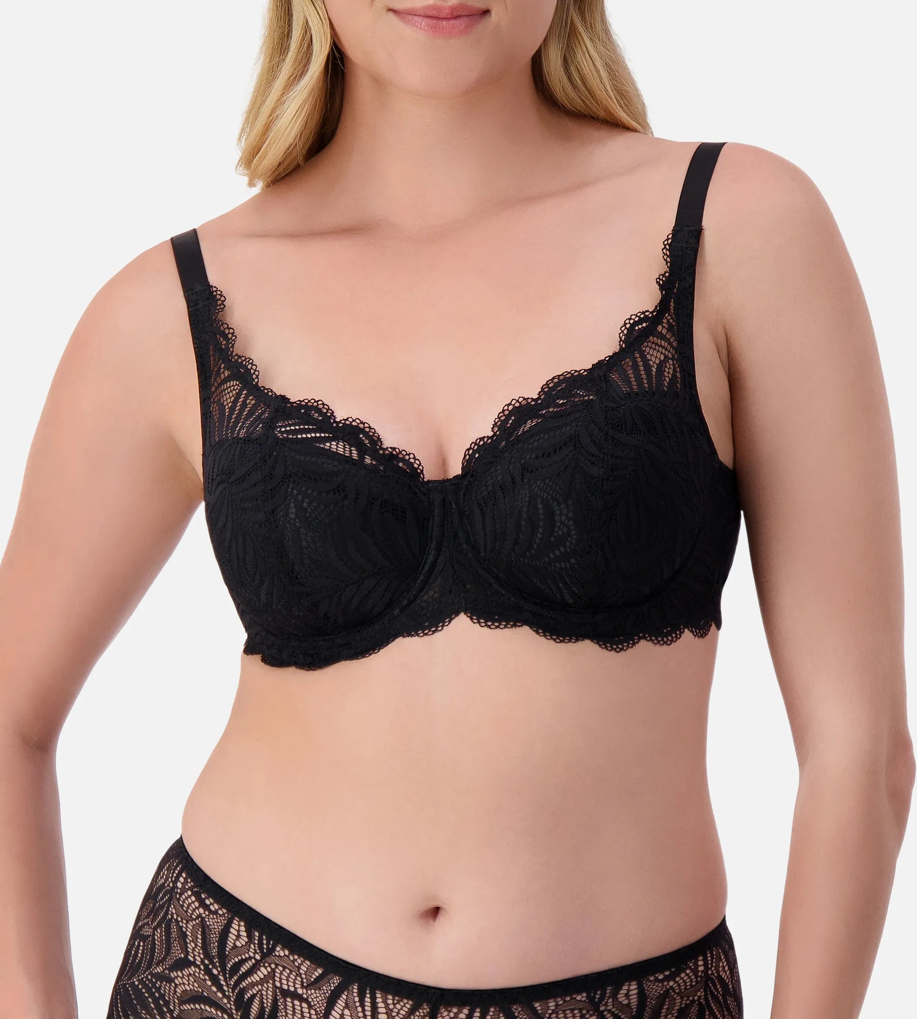 Black Triumph Essential Lace Underwire Balconette Bra with delicate lace cups and supportive underwire, designed for a comfortable fit.