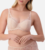 Triumph nude pink lace balconette bra with underwire, featuring delicate lace detailing and adjustable straps.