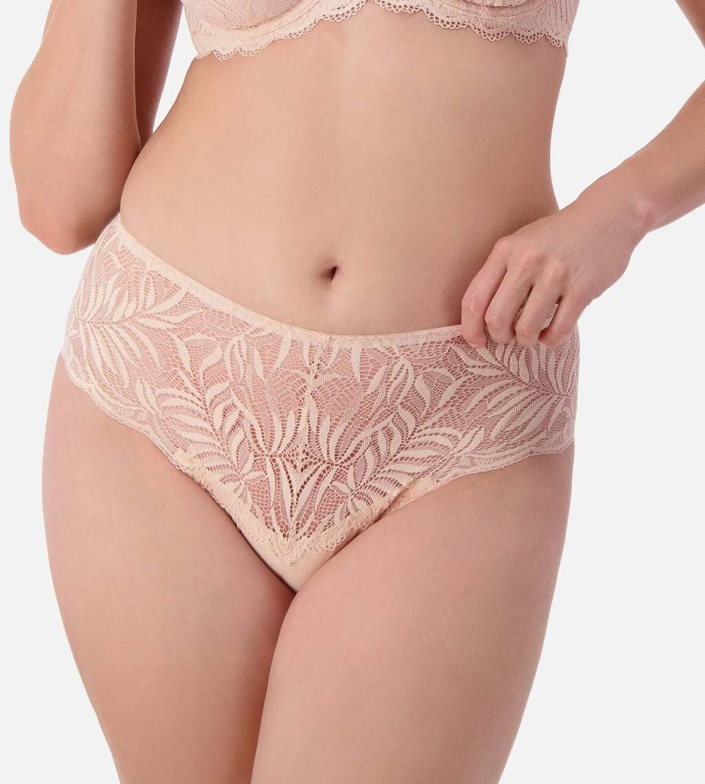 Nude pink Triumph Essential Lace Maxi Brief underwear with delicate lace detailing and full coverage.