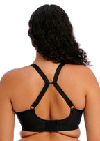 Black Energise sports bra by Elomi, underwired design, supportive bra for active wear, shown on a model.