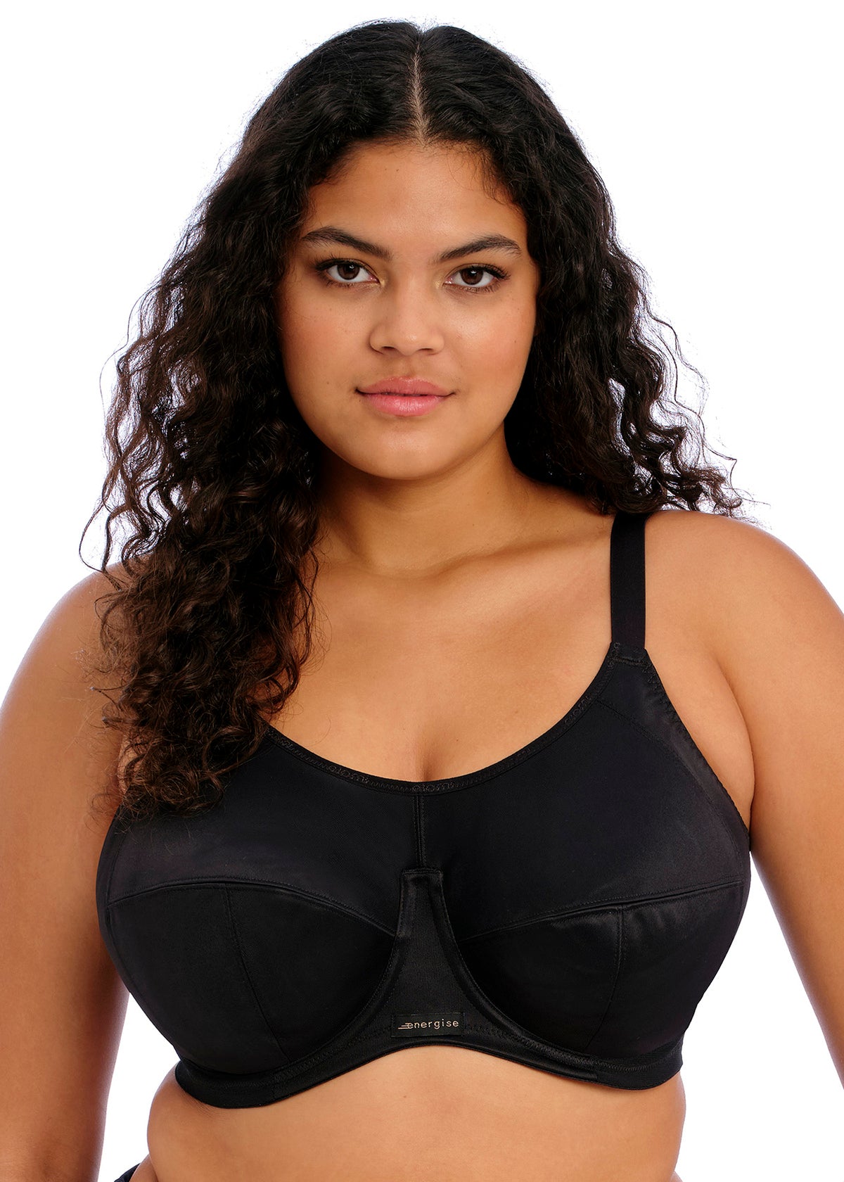 Black Energise Sports Bra by Elomi, underwired sports bra designed for support and comfort during workouts.