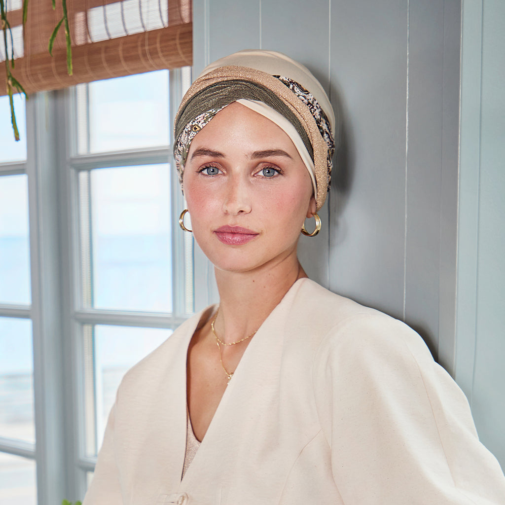 HocShakti turban with printed headband, stylish hat by House of Christine, featuring vibrant patterns and comfortable fit.
