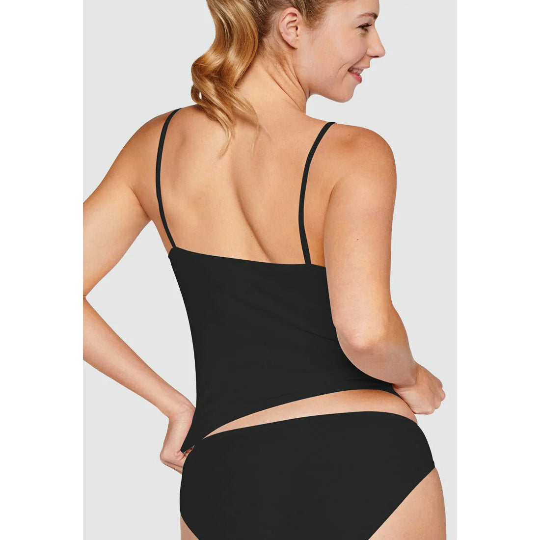 Black organic cotton spaghetti strap lingerie top by NT, soft fabric with thin straps and a sleek, minimalist design.