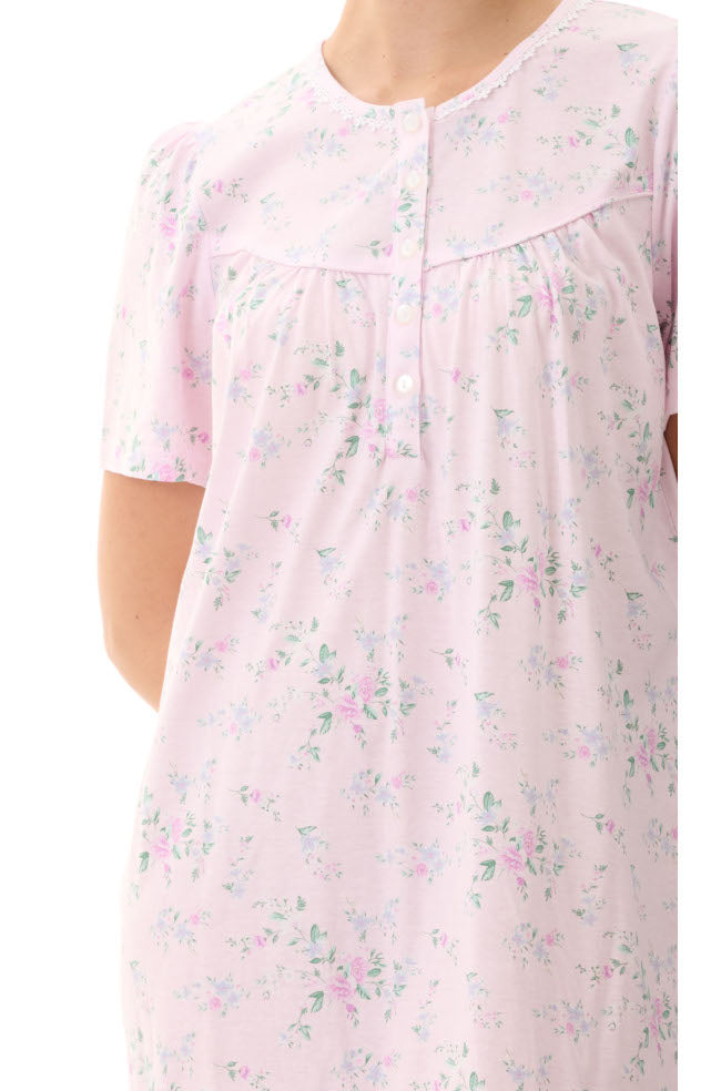 Lilac floral cotton nightie by Givoni, featuring short sleeves and a button-front design