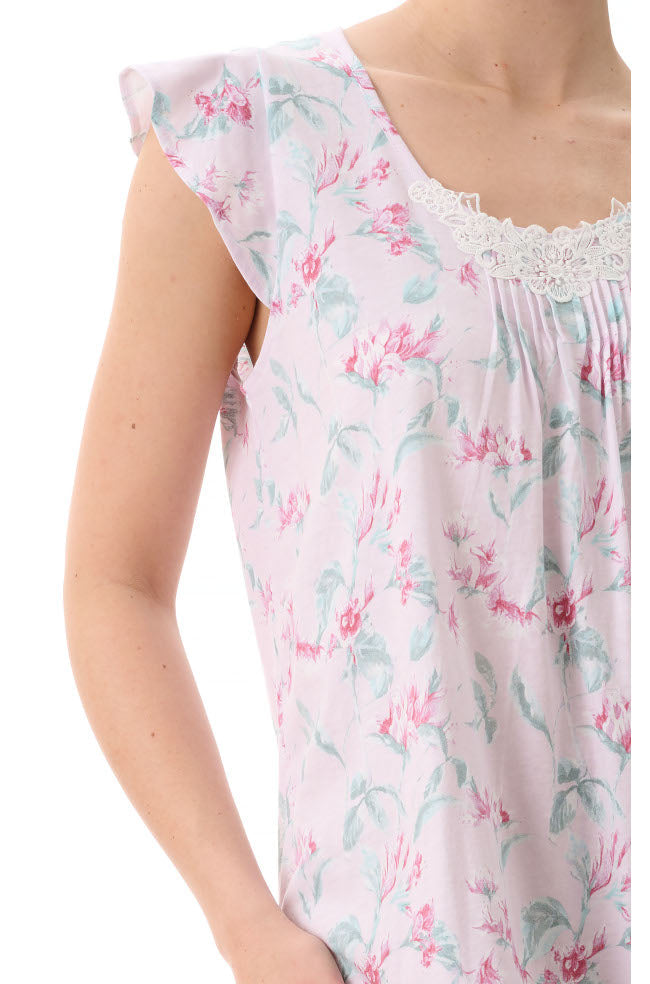 Pink floral lightweight cotton nightie with flutter sleeves and gathered bust by Givoni, showcasing feminine sleepwear style