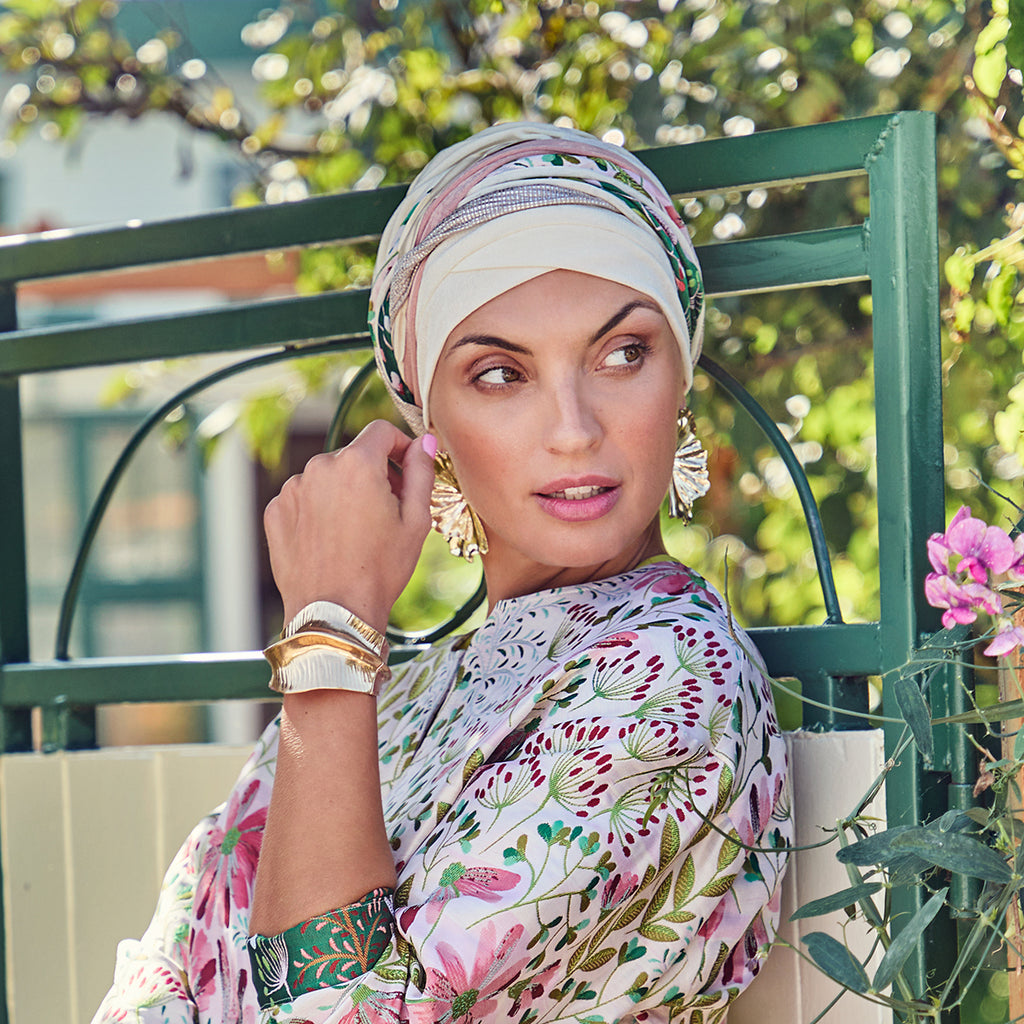 HocPerla Boho Turban Set by HOUSE OF CHRISTINE featuring stylish, colorful boho hats with intricate patterns and fabric details.