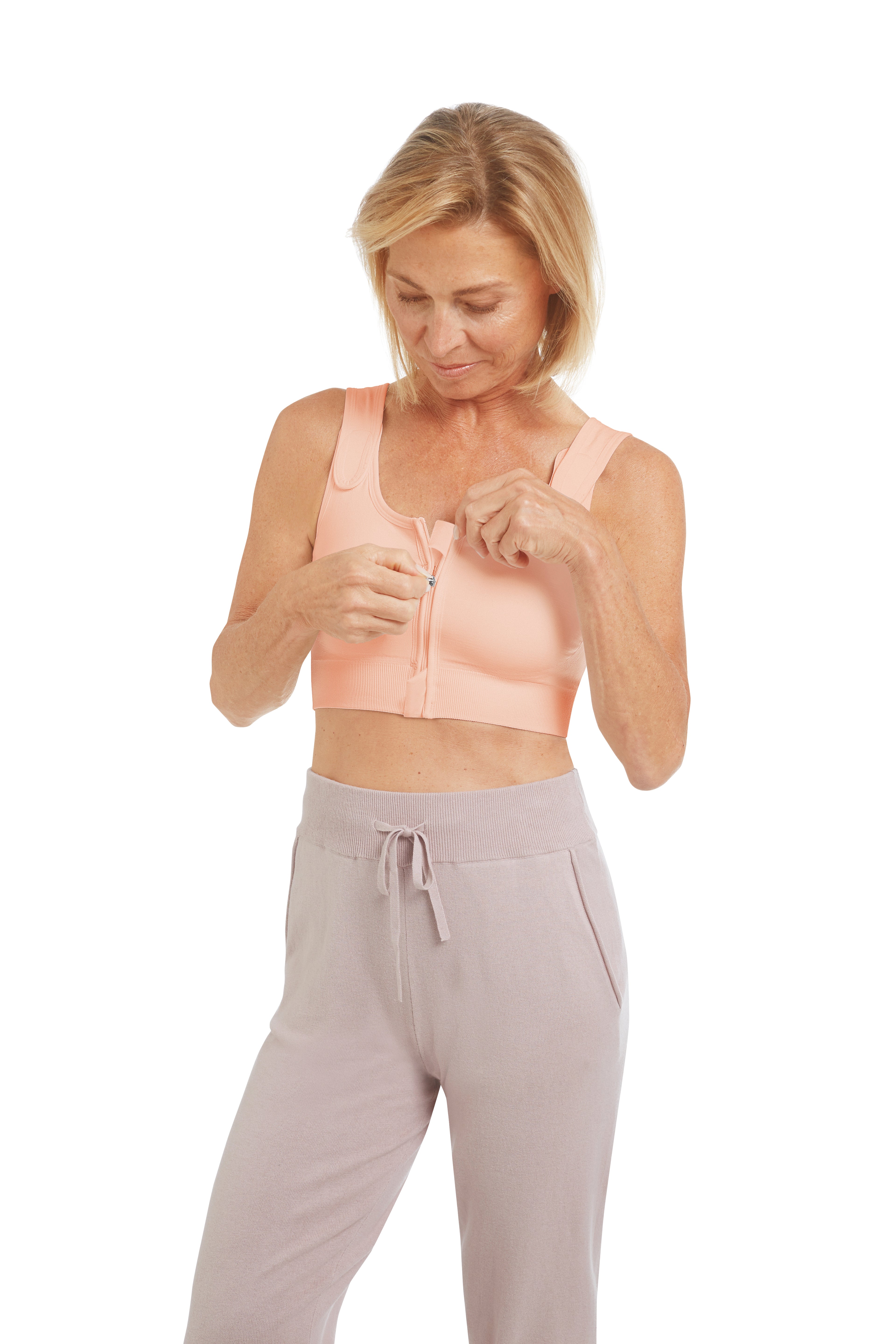 Pamela Post Surgery Zip Compression Bra by AmOena in Rose Nude, front view showing supportive design and full coverage.