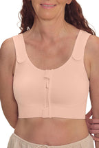 AMOENA Pamela post-surgery zip compression bra in rose nude, front view showing supportive design and breathable fabric.