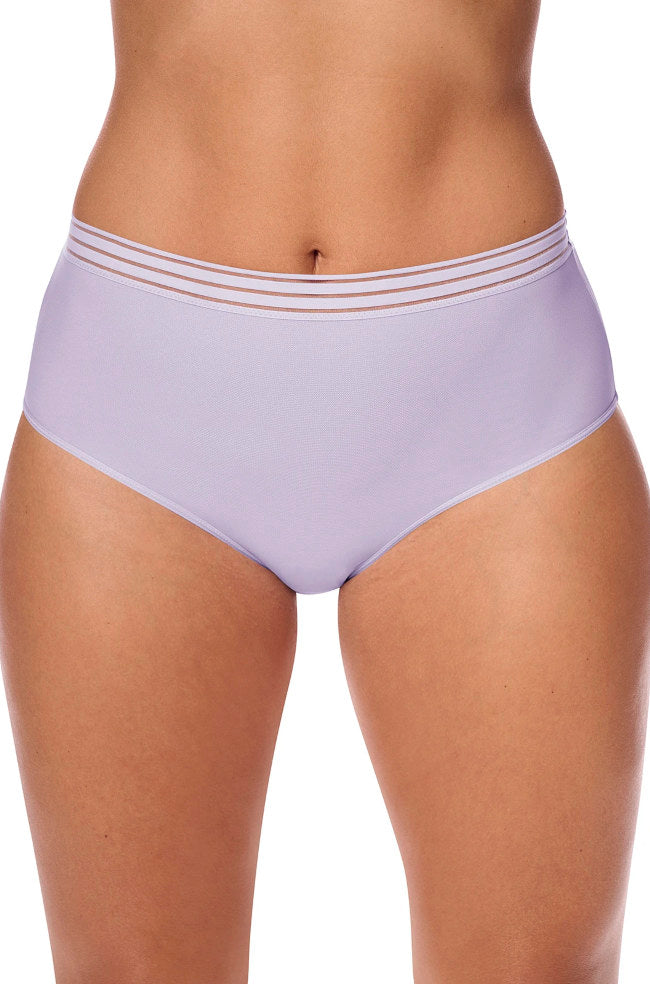 High-waisted lavender mesh microfiber brief by Amoena, featuring soft fabric and comfortable fit.