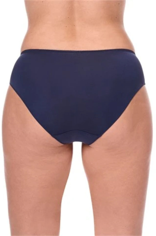 Blue and magenta embroidered microfiber briefs by Amoena, designed for all-day comfort.