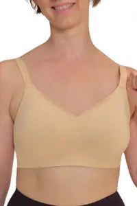 Amoena Linda padded bra in sand, front view with smooth cups and adjustable shoulder straps