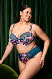 Teal floral plunge bra by Elomi, designed for support with a deep neckline, available in sizes 14, 16, and 18 F cup.