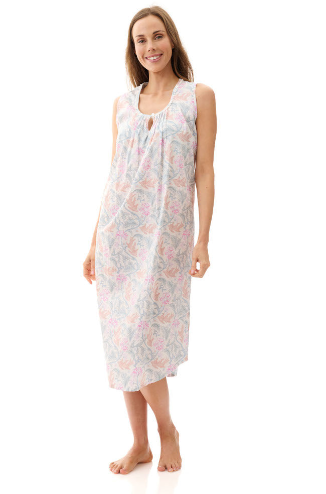 Lilac Lagoon mid-length nightie with soft fabric, adjustable straps, by GIVONI, available in small, medium, and large
