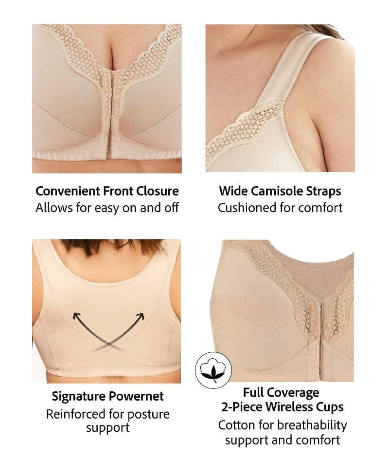 Bestform front opening bra in soft cotton lace, wirefree design with B-DD cups, featuring a convenient front clasp.