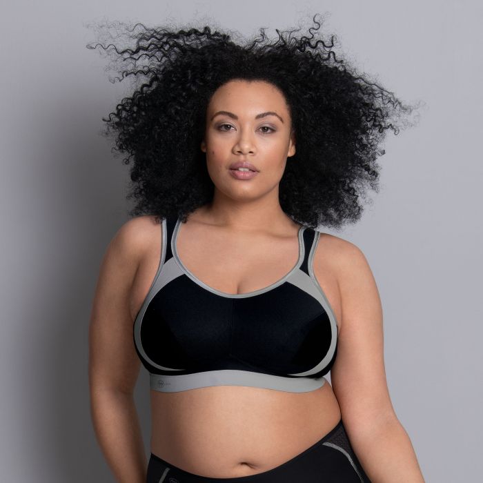 ANITA Extreme Control sports bra in black and grey offering maximum support, designed for high-impact athletic activities.