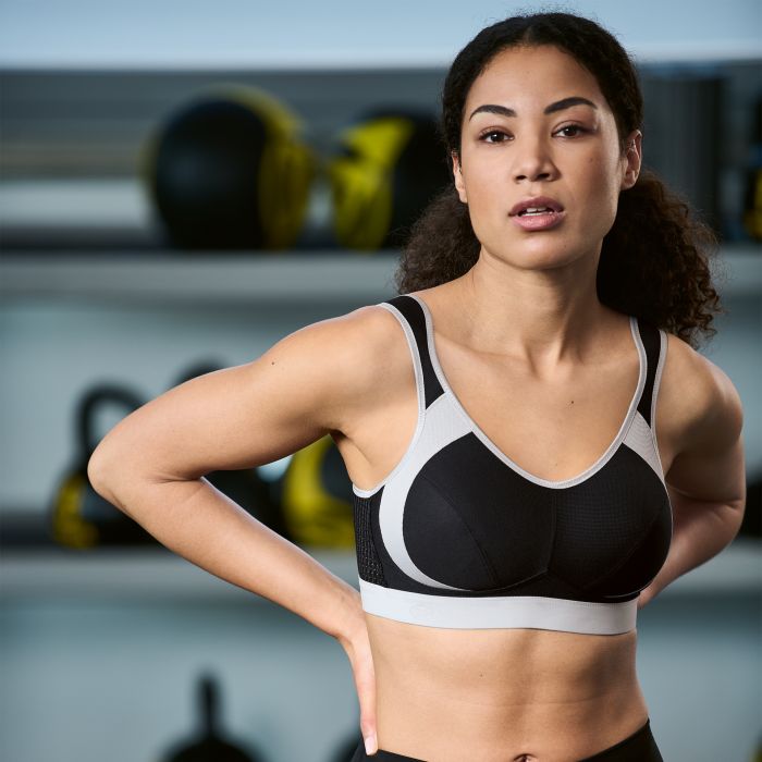 ANITA Extreme Control sports bra in black and grey offering maximum support, designed for high-impact athletic activities.