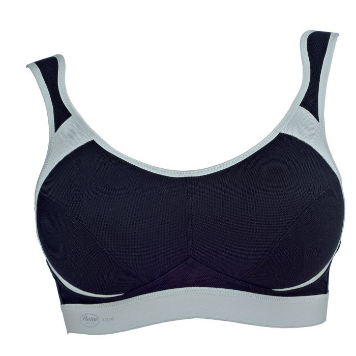 Black and grey ANITA EXTREME CONTROL sports bra offering maximum support for active wear, shown with adjustable straps and breathable fabric.