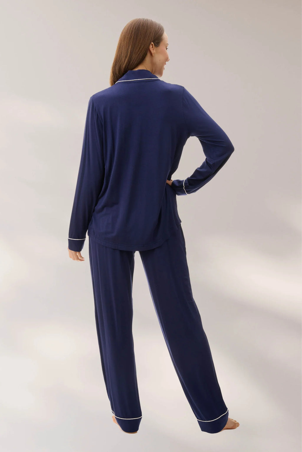 Givoni navy long sleeve modal pyjama set for sleepwear, shown from the back with a relaxed fit and soft fabric.