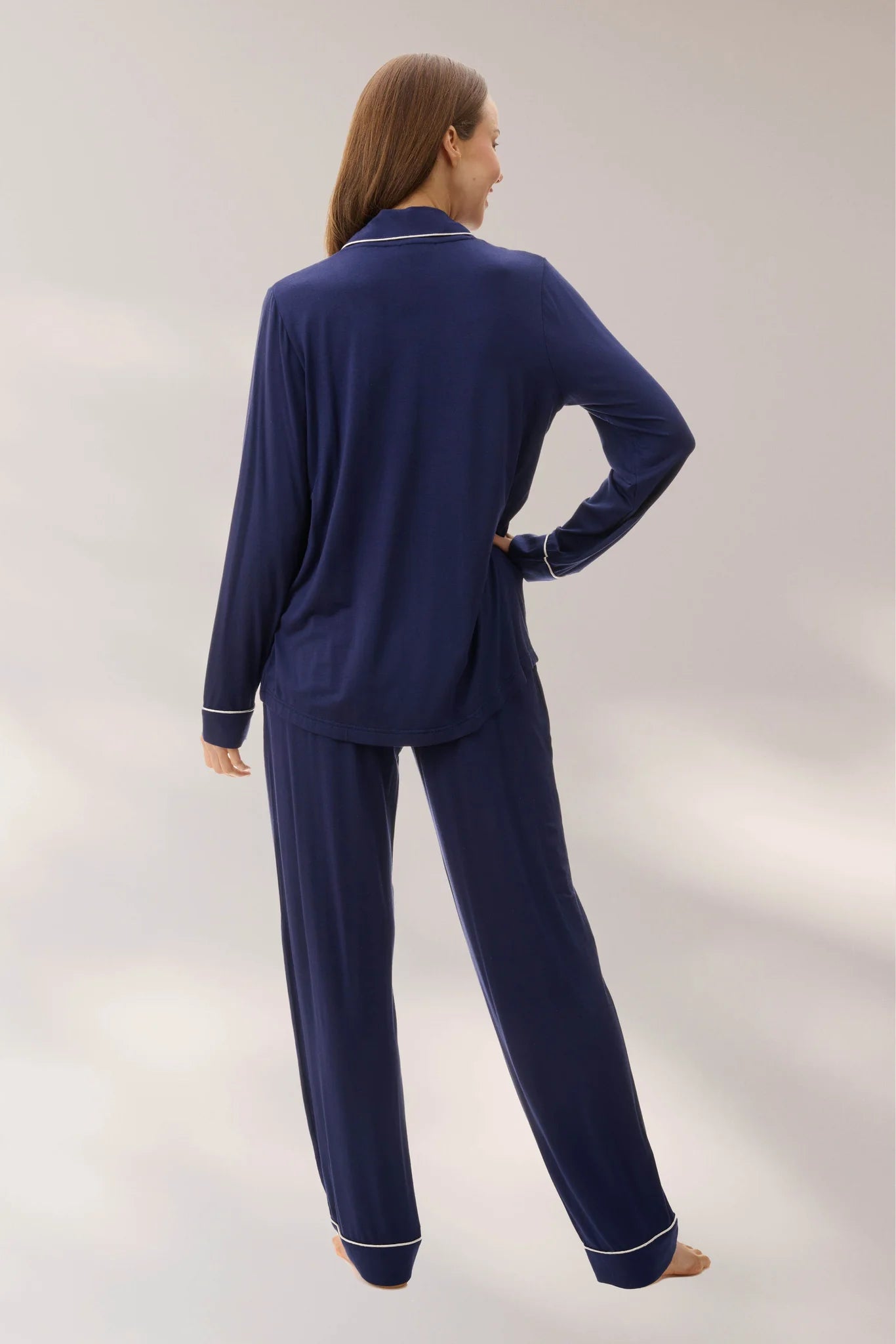 Givoni navy long sleeve modal pyjama set for sleepwear, shown from the back with a relaxed fit and soft fabric.