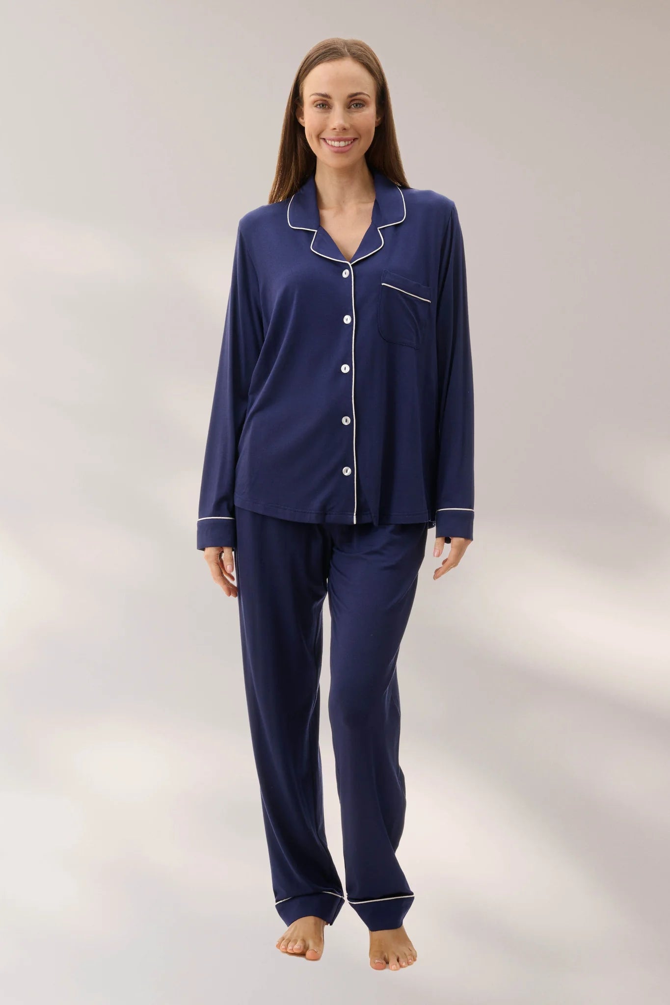 Navy long sleeve modal sleepwear pyjama set by Givoni, featuring a comfortable, relaxed fit with a soft fabric finish.